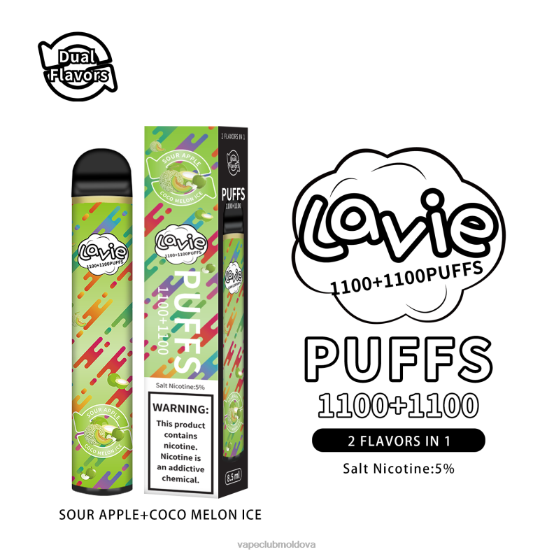 Vape Mod 80H82297 LAVIE BAR Switch 2200 pufuri gheață cu mere acru/cocos pepene galben
